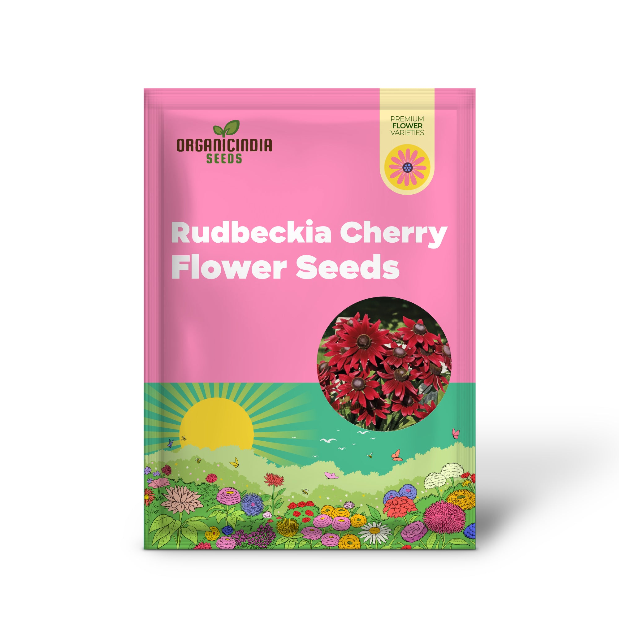 Semillas de flores Rudbeckia Cherry Brandy, conocidas por sus tonos rojo intenso y su presencia cautivadora en los jardines,
