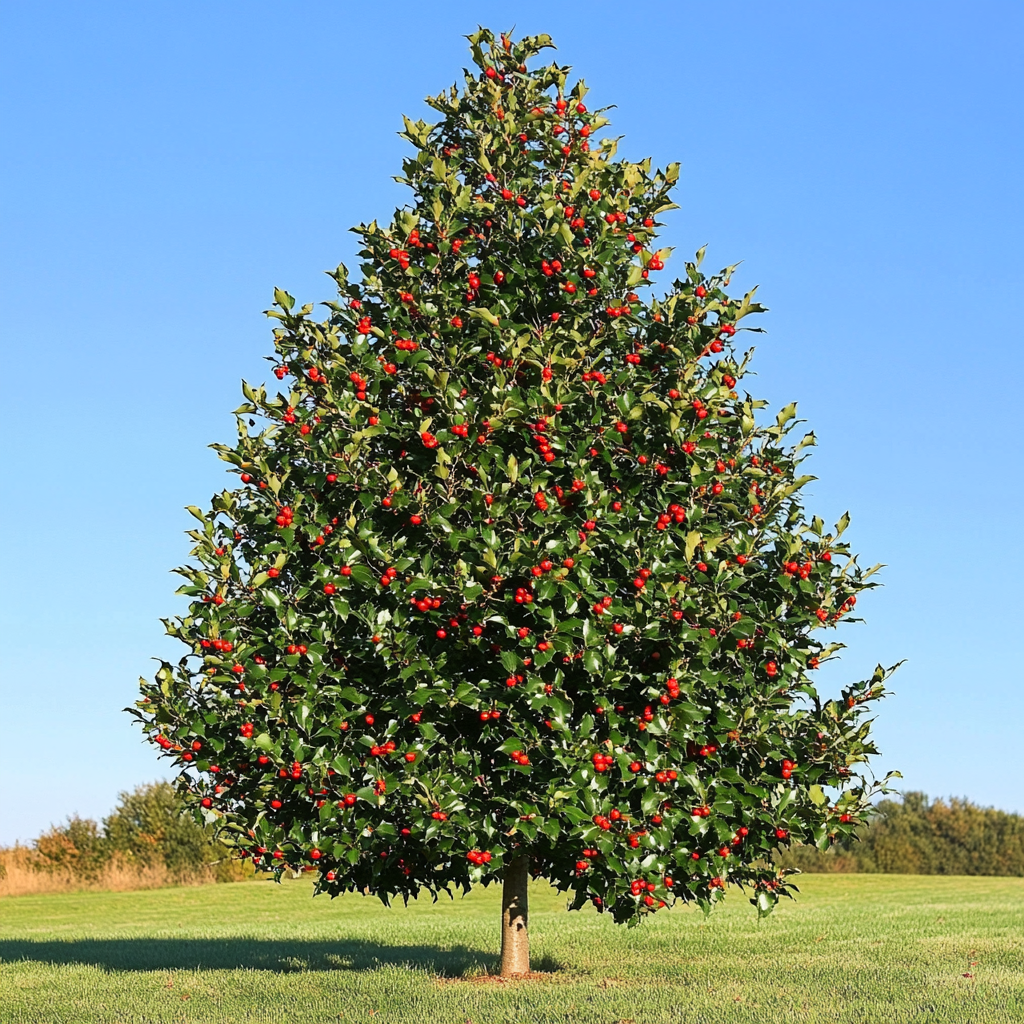 American Holly Tree with Festive Red Berries