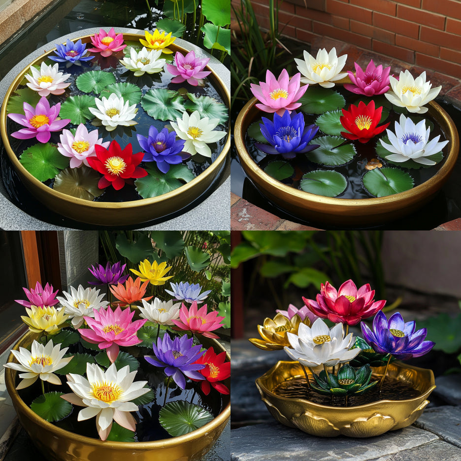 Mixed Colour Bowl Lotus Blooms in Water Garden