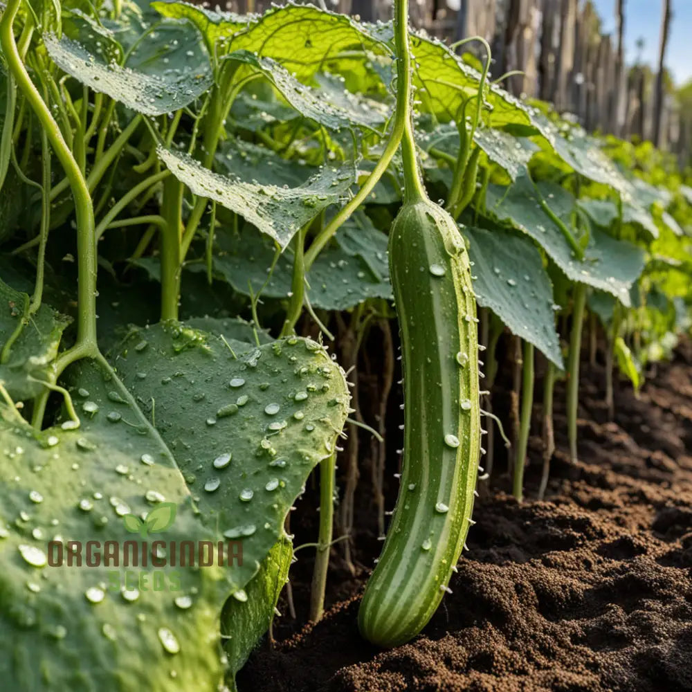 Green Dragon Cucumber Vines Growing in Garden Bed