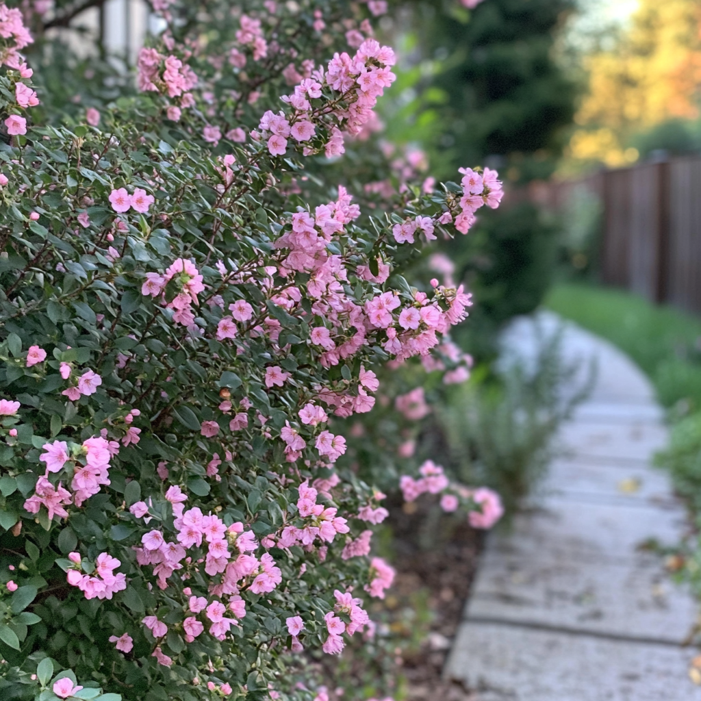 Compact Evergreen Pink Flower Shrub Growing Along Garden Border