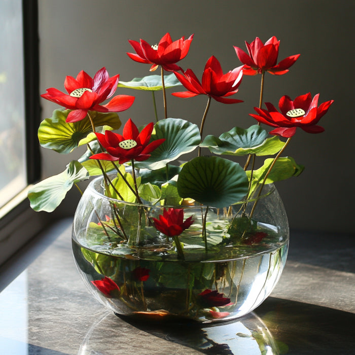 Mature Red Lotus Plant with Vibrant Blooms