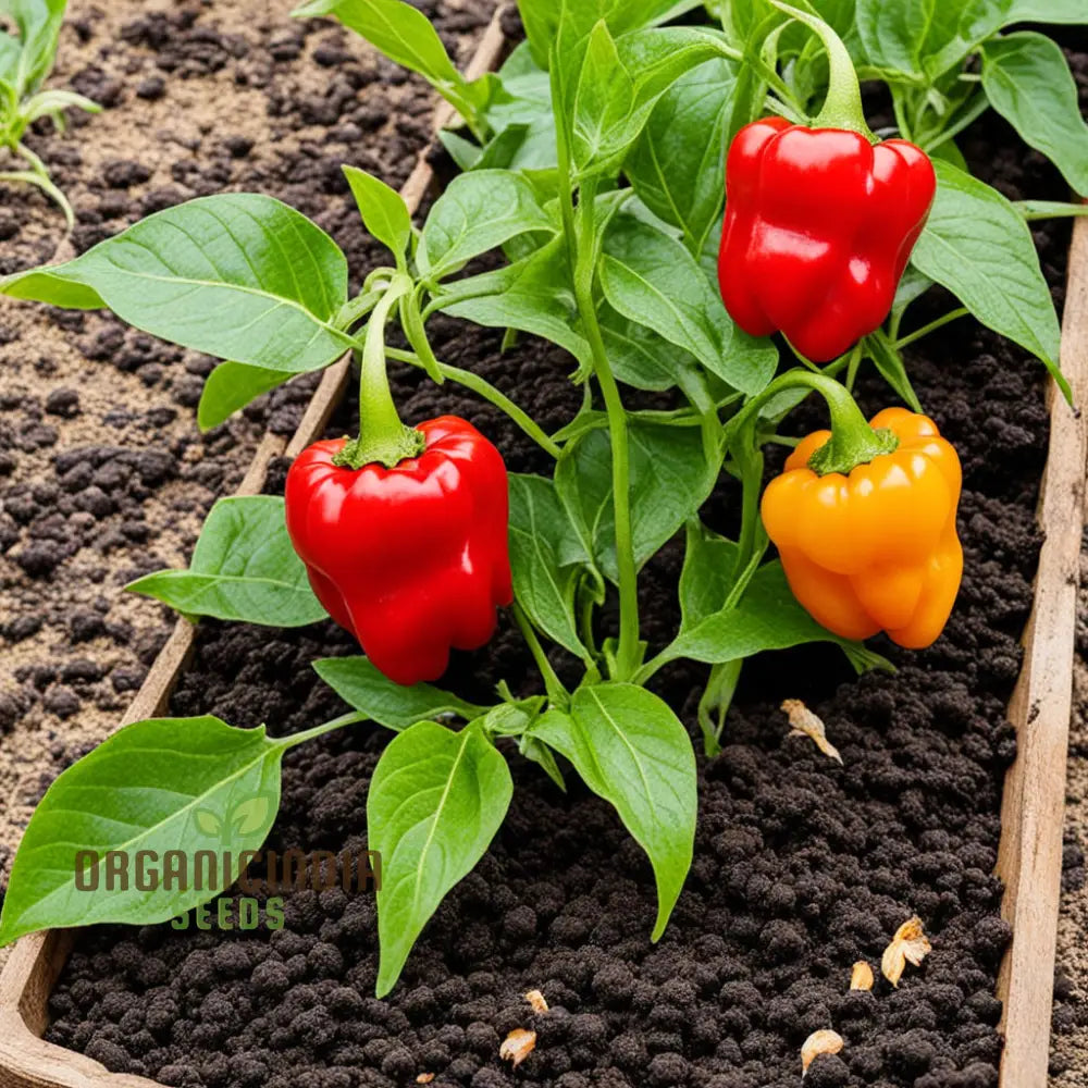 Organic Red Capsicum Plants Growing in Garden Bed from Seeds