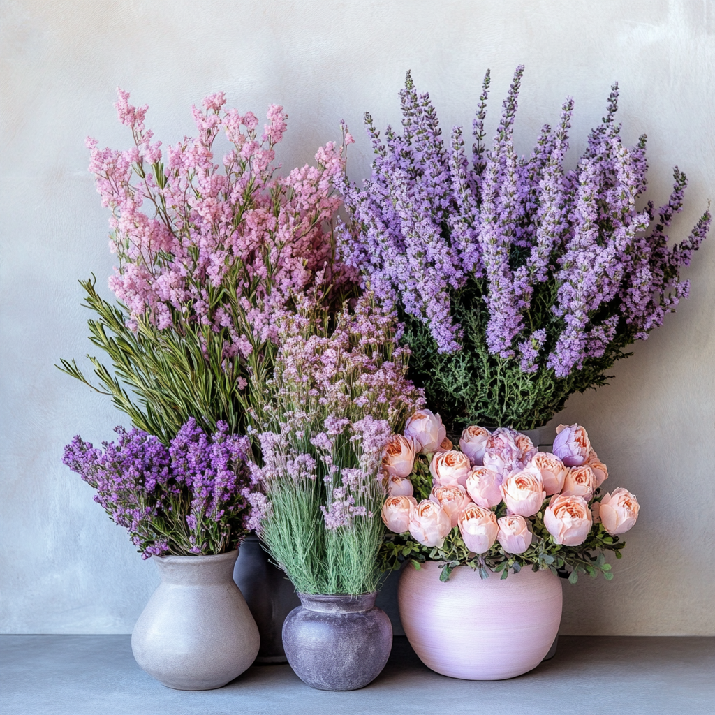 Fiori classici lavanda-rosa e fogliame sempreverde resistente