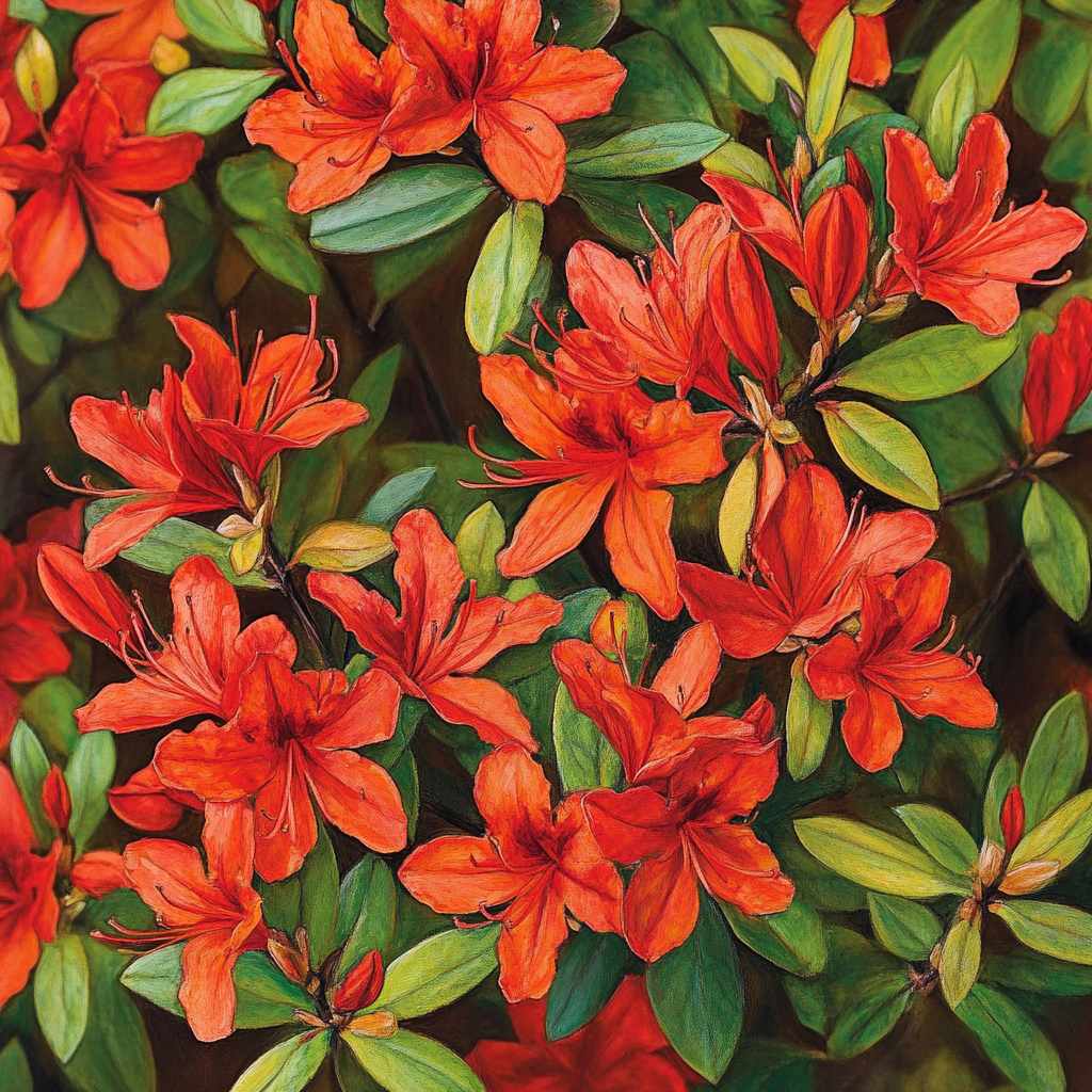 Azalea resistente al freddo con fiori rosso fuoco e fogliame autunnale