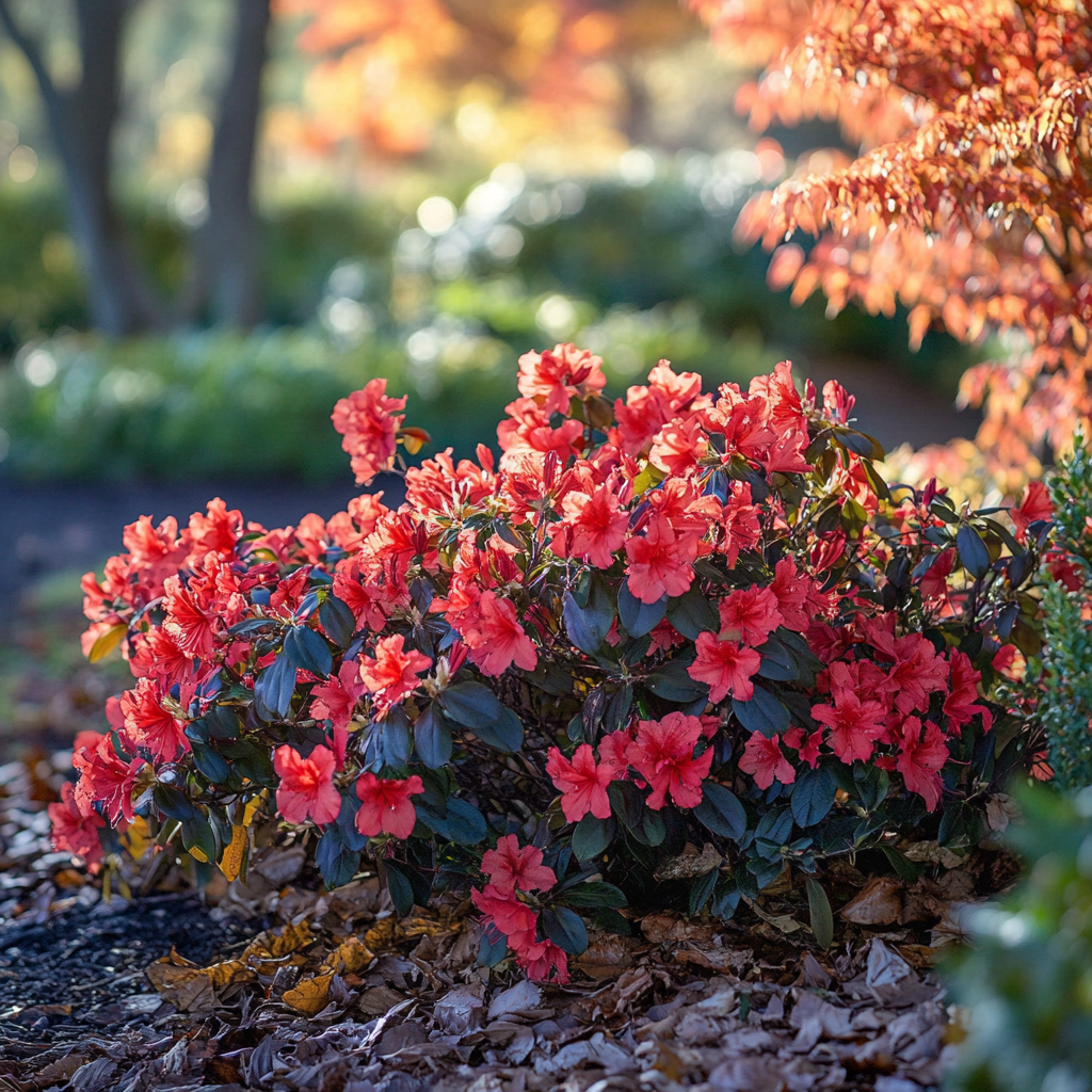 Azalea resistente al freddo con fiori rosso fuoco e fogliame autunnale