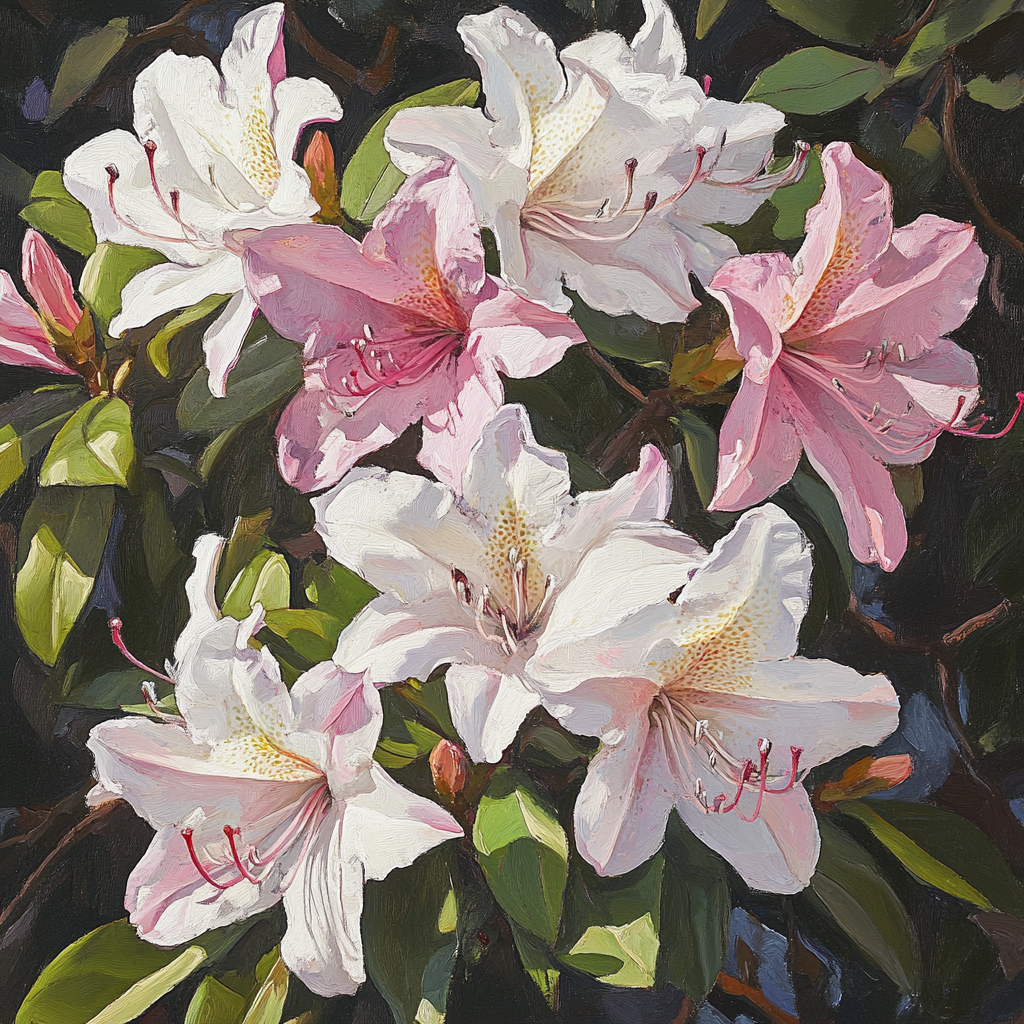 Azalea nativa fragante con grandes flores blancas y rosas