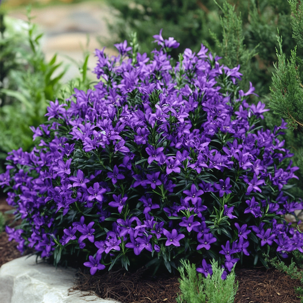 Hardy Evergreen avec Grandes Fleurs Violettes