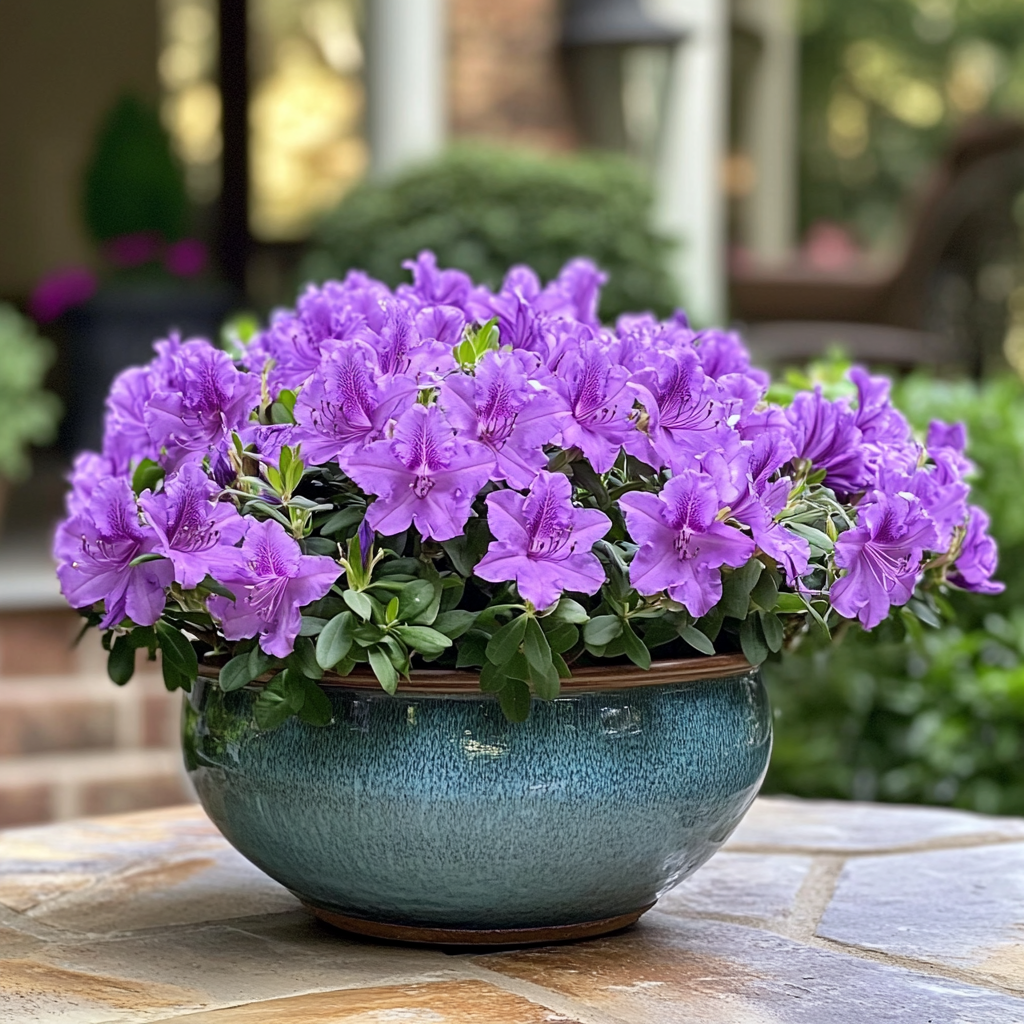 Azalée à refleurissement avec fleurs violettes et intérêt toute l'année