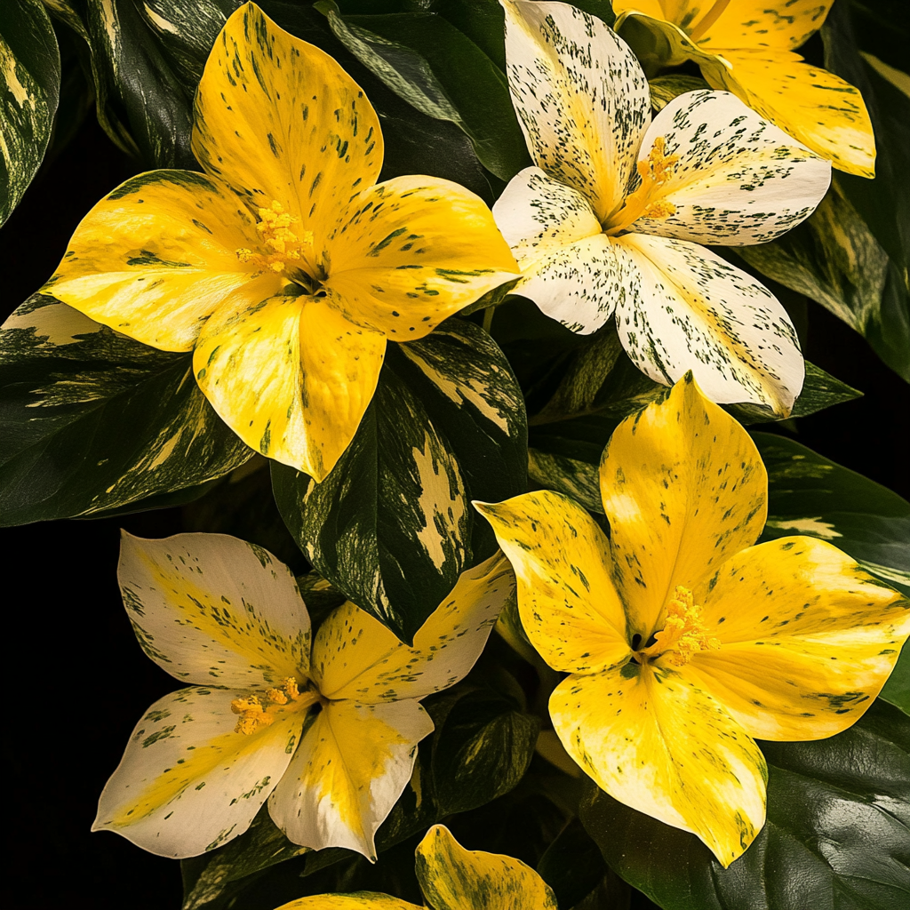 Variegated Shrub Blooming with Yellow Flowers in Spring