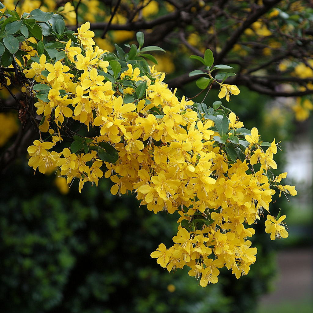 Yellow Flowering Shrub Growing in Garden Landscape