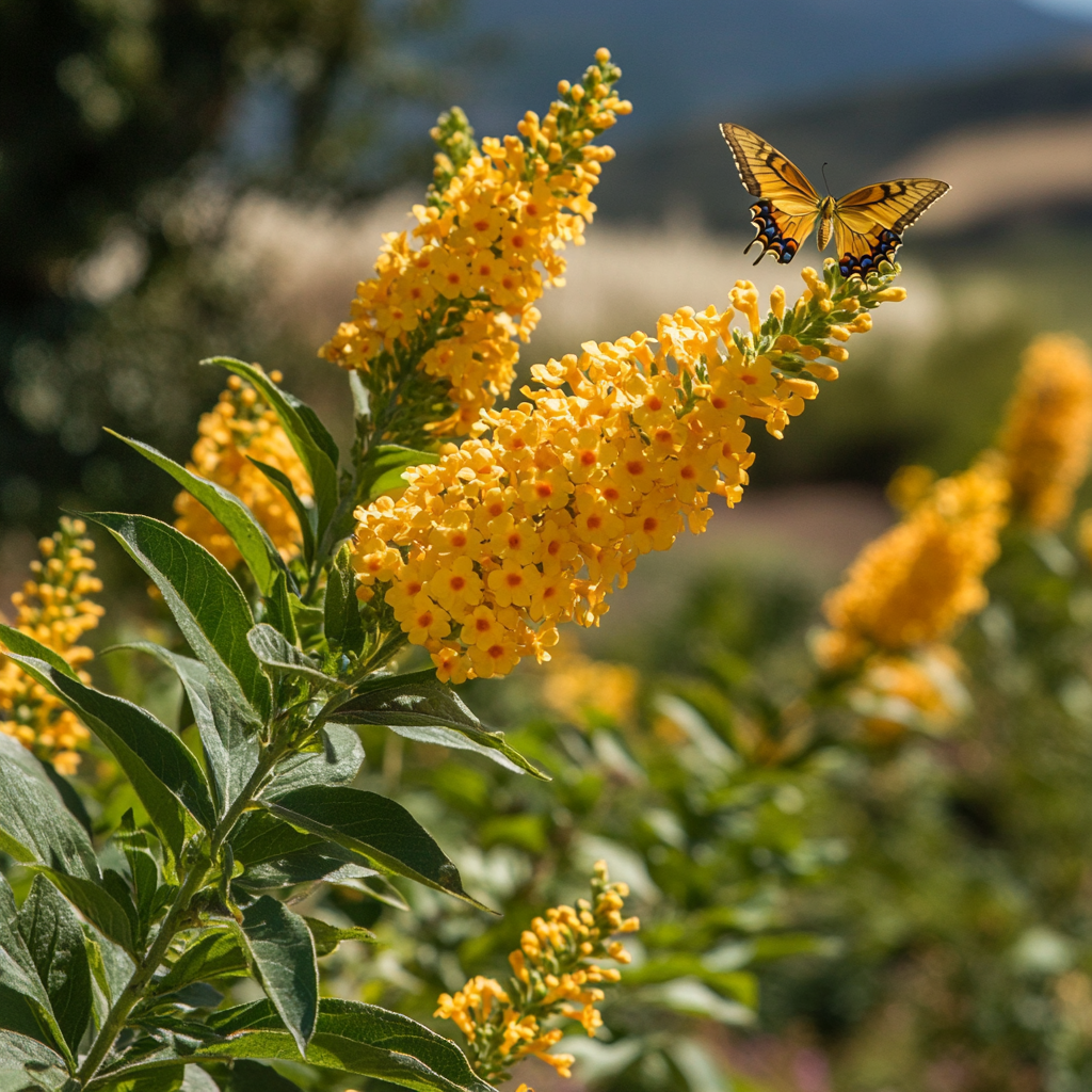 Buddleja Weyeriana Sungold Shrub Growing in Sunny Garden