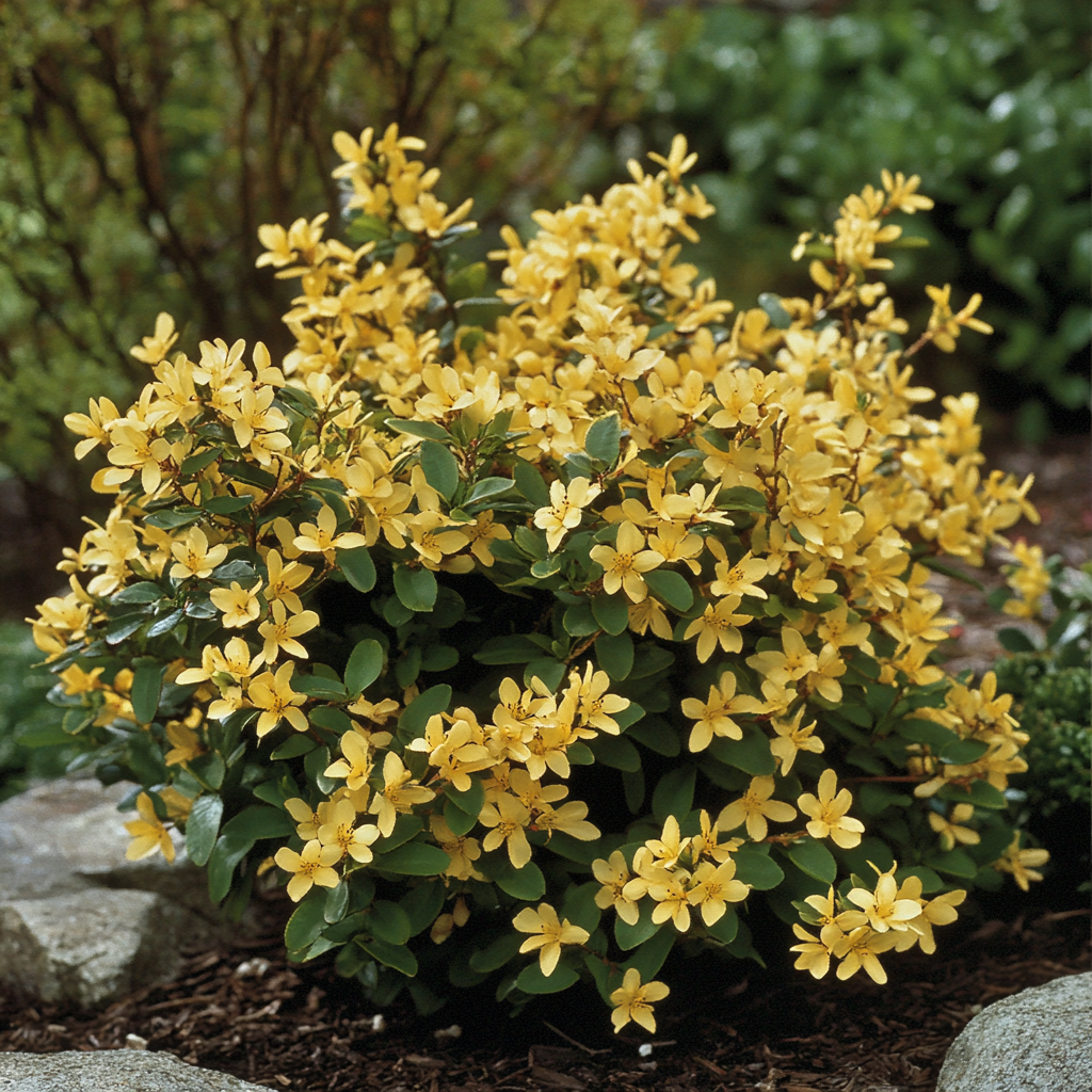 Compact Golden Shrub Blooming in Early Spring