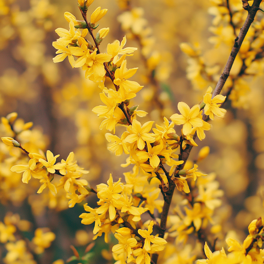 Forsythia with Bright Yellow Blooms in Early Spring