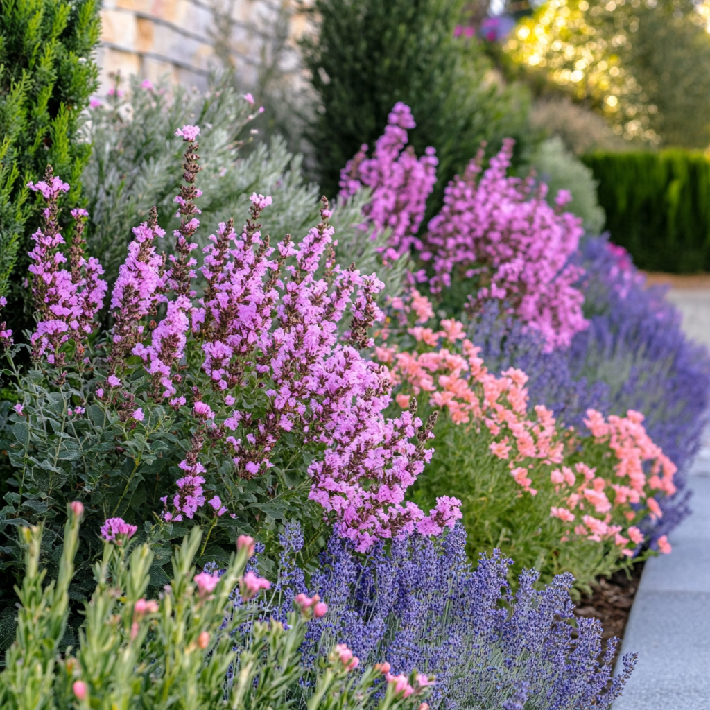 Hardy Evergreen Lavender Pink Shrub in Border Planting