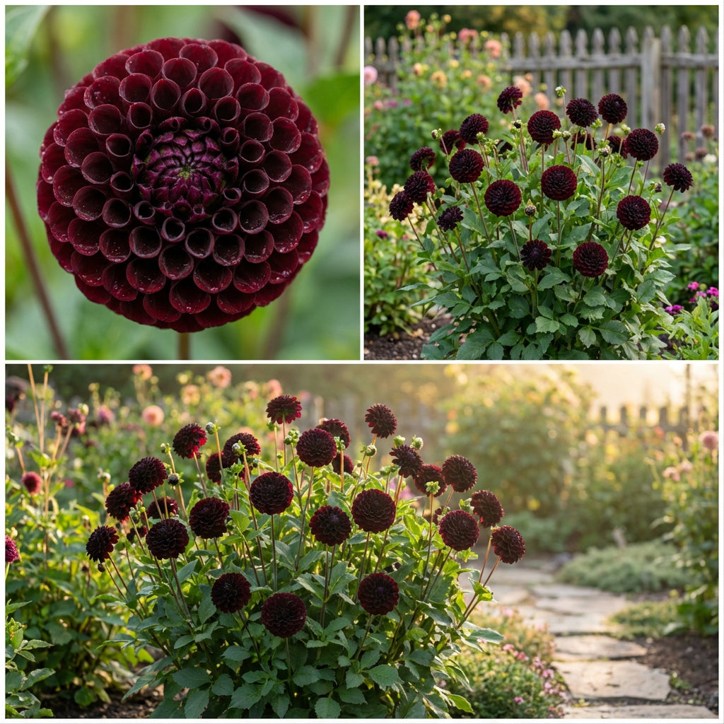 Graines de fleurs de dahlia noir à pompon pour plantation – Fleurs élégantes et arrondies pour jardins domestiques