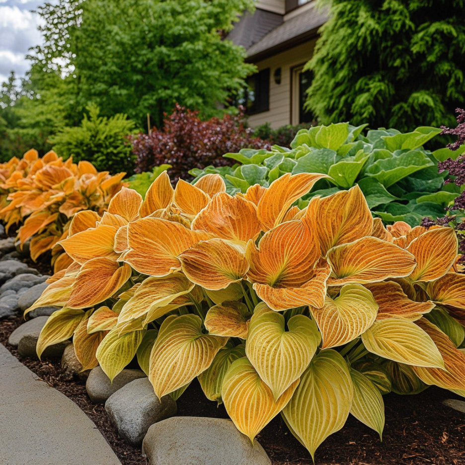 Close-Up of Rare Orange Hosta Foliage in Shade