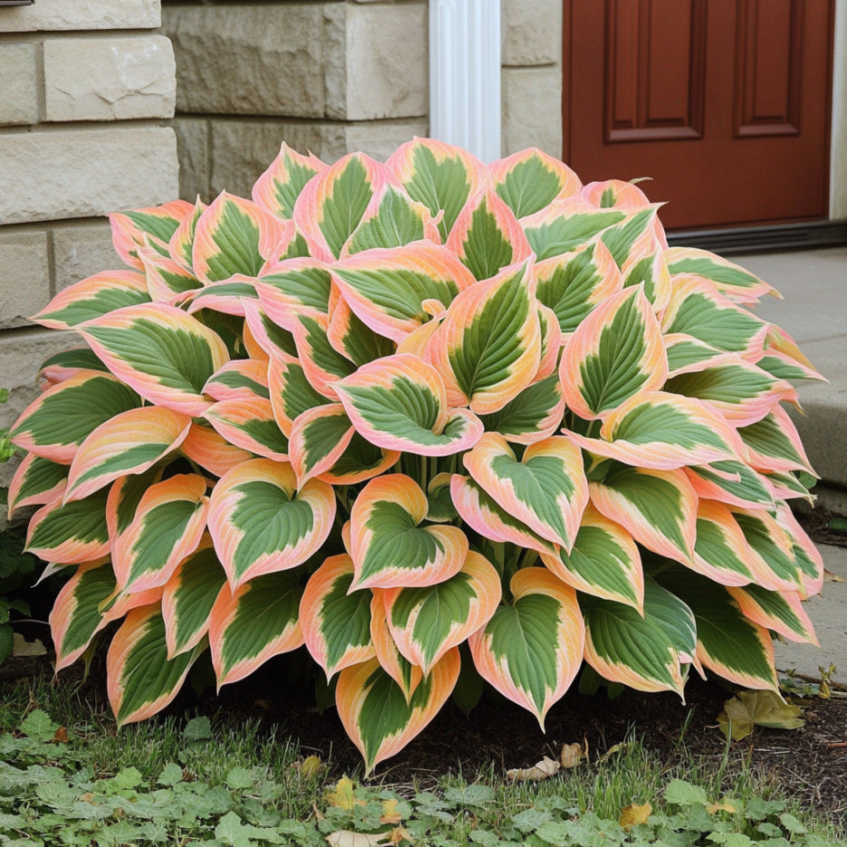 Hybrid Hosta Plant with Orange and Pink Colored Leaves