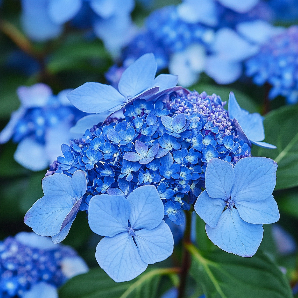 Hydrangea serrata Bluebird Shrub Growing in Garden