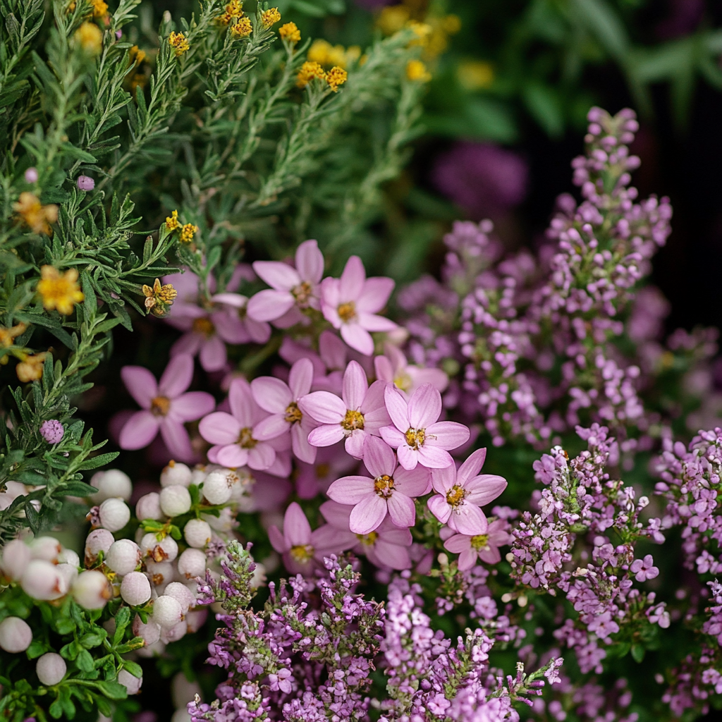 Evergreen Shrub with Lavender Pink Blooms in Garden