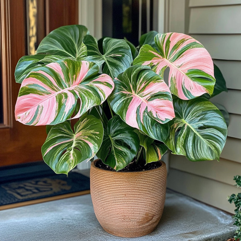 Monstera Plant with Variegated Green and Pink Tropical Leaves