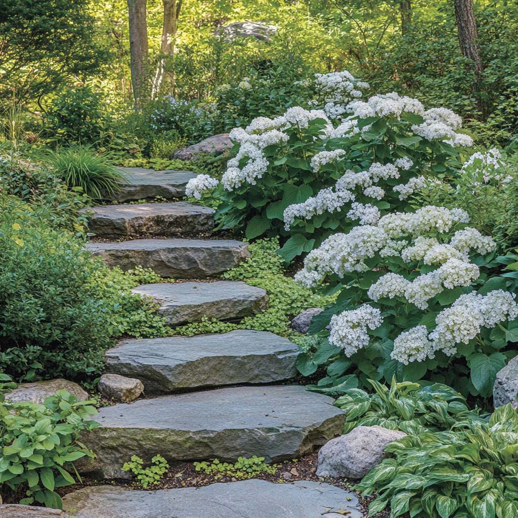 Mountain Hydrangea Growing in a Shaded Garden Border