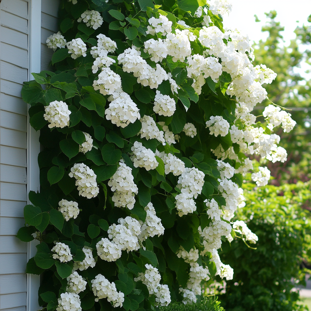 Self-Clinging Climbing Hydrangea Growing on Wall with Dense Foliage