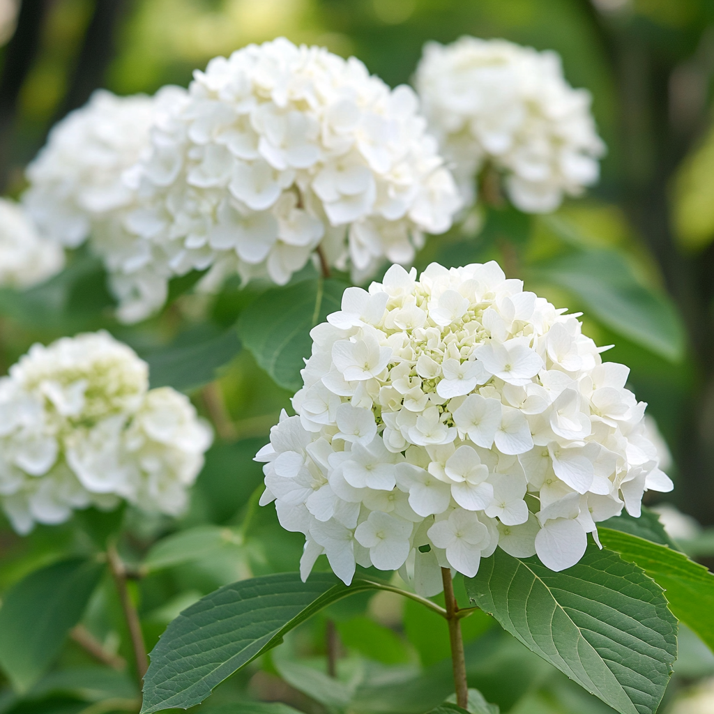 Smooth Hydrangea Growing in Garden Border with White Flowers