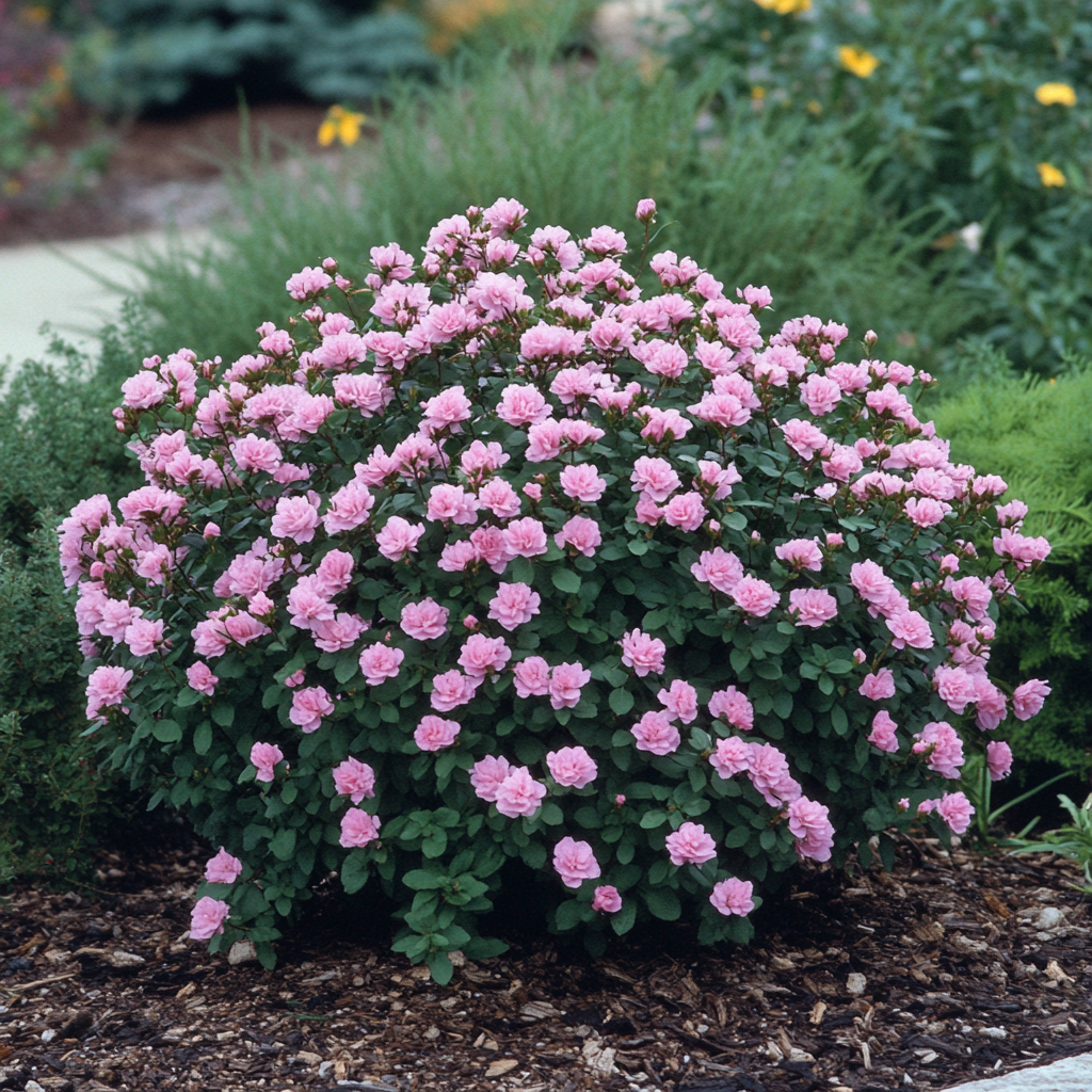 Soft Pink Ruffled Blooms on Compact Evergreen Shrub