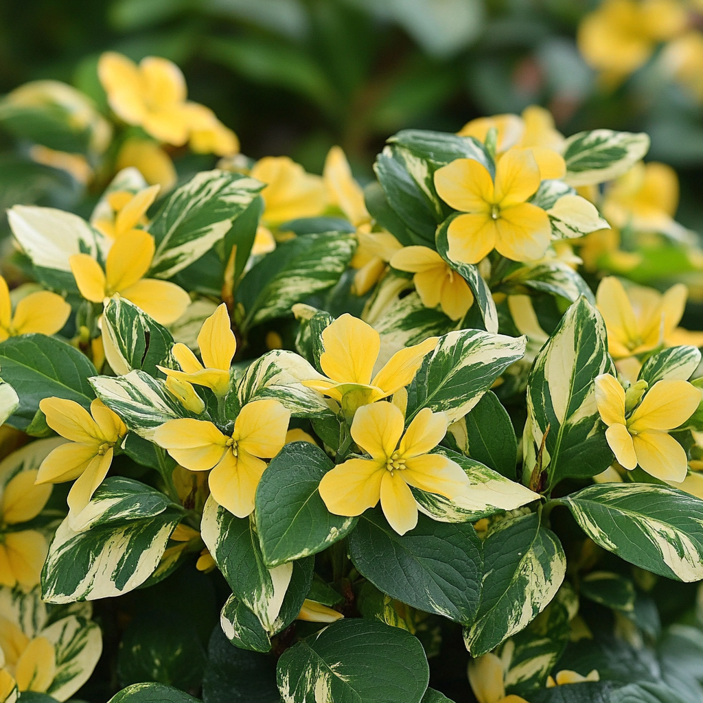 Shrub with Variegated Foliage and Bright Yellow Spring Flowers